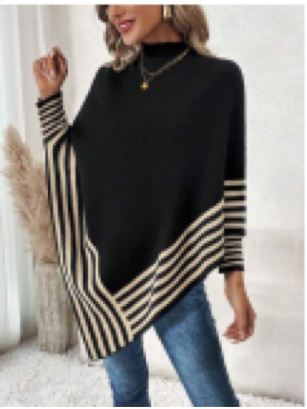 Striped Pattern Batwing Sleeve Asymmetrical Hem Poncho